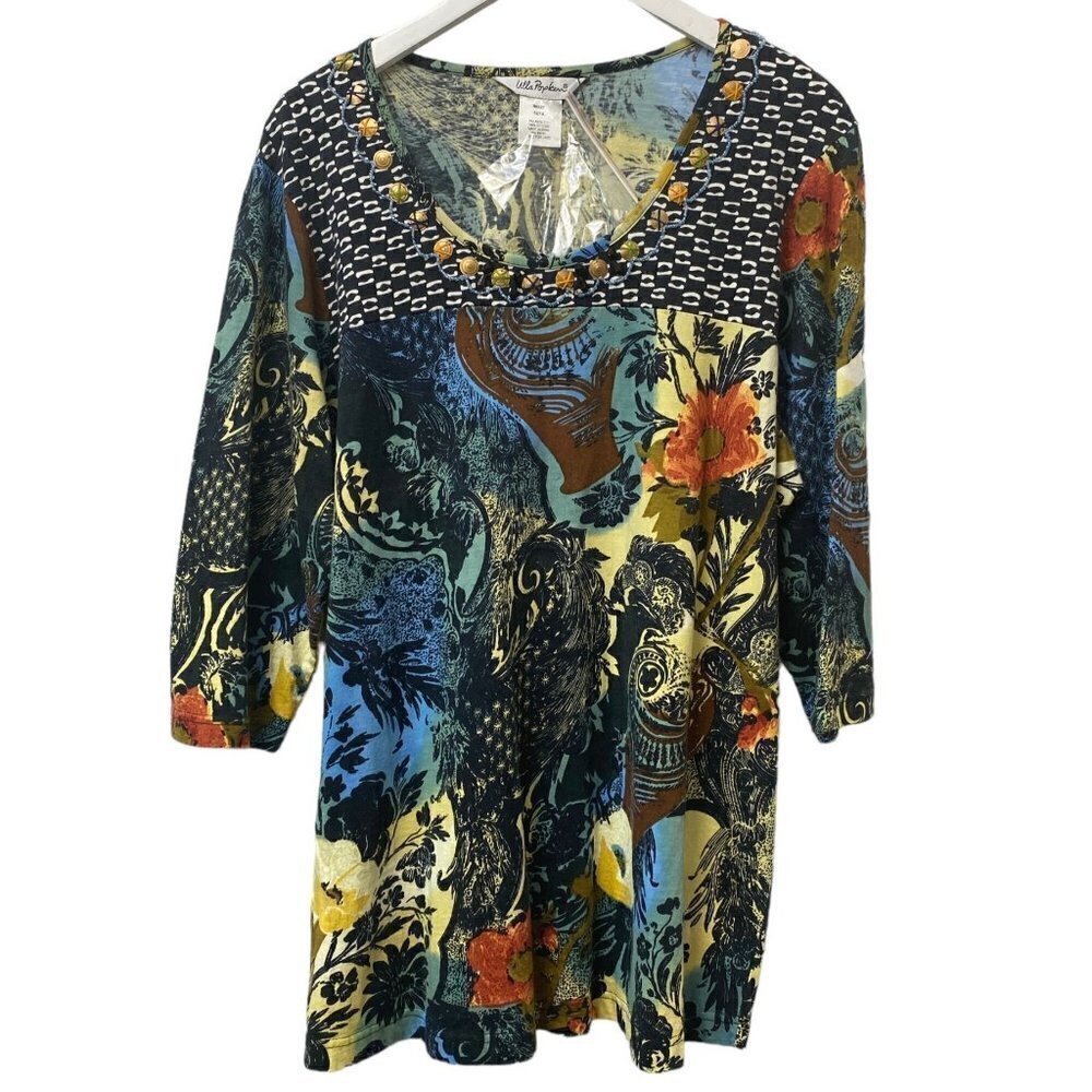 ULLA POPKEN Tunic Tee Size 12/14 Boho Womens Top Multicolor Beaded Cotton